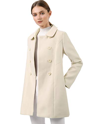 Allegra K Women's Peter Pan Collar Double Breasted Winter Long Trench Pea Coat Small Beige