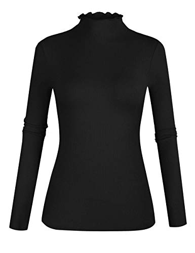 POPZONE Women's Black Mock Neck Ribbed Long Sleeve Tops Slim Fitted Basic Layer Shirt S