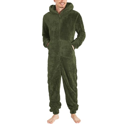 Personalized Gifts Men Fleece Fuzzy Lounge Homewear Comfy Long Sleeve Zipper Hooded Jumpsuit Pajamas Casual Winter Warm Robe Sleepwear Army Green