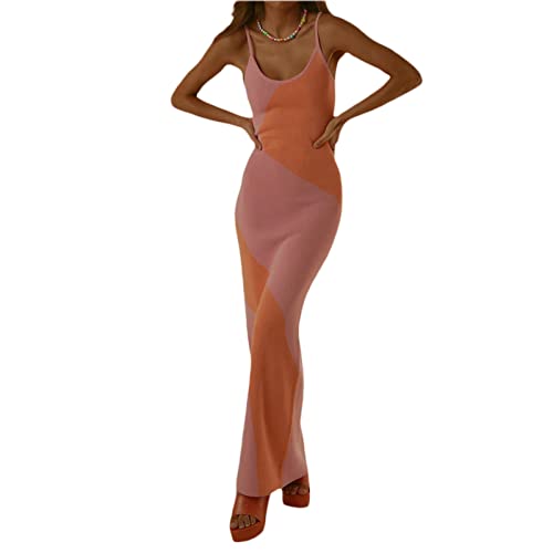 Fabumily Sexy Knit Bodycon Dress for Women Sleeveless Spaghetti Strap Cut Out Maxi Dress Backless Y2K Summer Beach Dresses (A- Pink & Orange, S)