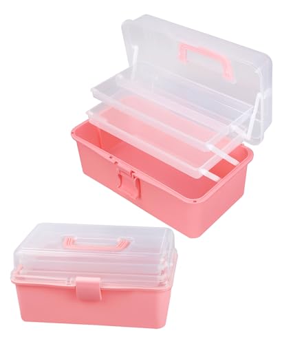 Eujqo Tackle Box Organizer Pink Craft Storage Organizers 3-layer Craft Box Medicine Box Sewing Box Hair Accessories Organizer for Girls Jewelry Box Makeup Organizer Small Plastic Tool Box with Handle