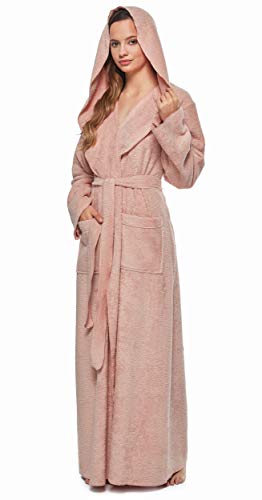 Arus Womens Princess Ankle Long Hooded Lightweight Turkish Cotton Bath Robe Misty Rose, X-Large