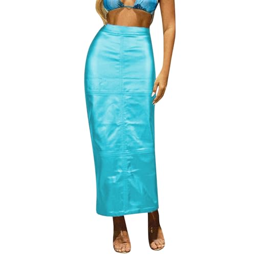 Leather Skirt High Waisted Pu Leather Long Skirt for Women High Waist Retro Maxiskirt Pathwork Bodycon Hip (Blue, S)
