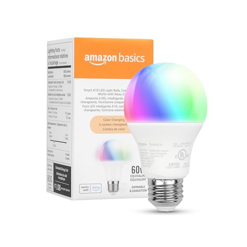 Amazon Basics - Smart A19 LED Light Bulb, 2.4 GHz Wi-Fi, 9W (Equivalent to 60W) 800LM, Works and Dims with Alexa Only, 1-Pack, Multicolor