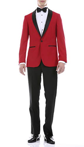 Ferrecci Mens Suit Slim Fit Shawl Lapel Collar 2 Piece Tuxedo for Men | Men's Tuxedos | One Button Solid Jacket, Pant, Bowtie Red/Black