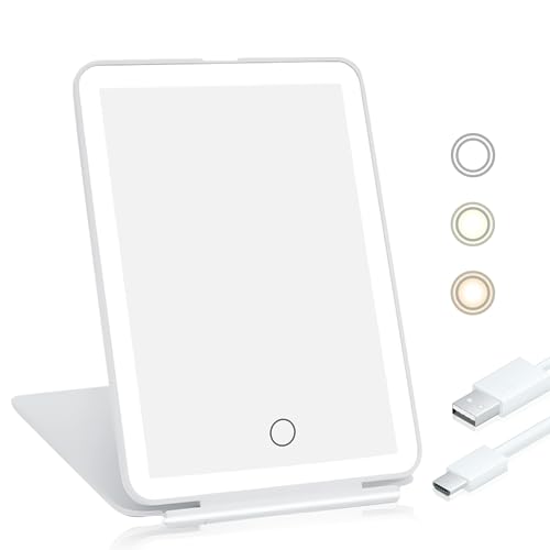 Koolstuffs Travel Mirror for Makeup, Rechargeable Light up Pink Mirror with 72 LED Lights,1000mAh Batteries, 3 Colors Light Modes USB Portable Desktop Mirror with Dimmable Touch Screen (White)