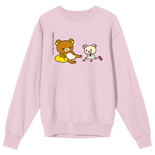 Bioworld Rilakkuma Two Bears Sitting Crew Neck Long Sleeve Cradle Pink Adult Sweatshirt-Medium