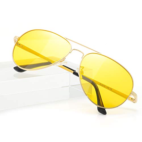 SODQW Aviator Night-Driving Glasses, Night-vision Goggles Anti Glare Polarized Yellow Lens, Fashion Safety Glasses (Gold Frame/Yellow Night-Driving Glasses)