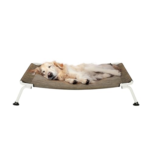 Veehoo Curved Cooling Elevated Dog Bed, White Frame Outdoor Raised Dog Cot, Chew Proof Pet Bed with Washable & Breathable Textilene Mesh, Non-Slip Feet for Indoor & Outdoor, Large, Brown, CWC2303B