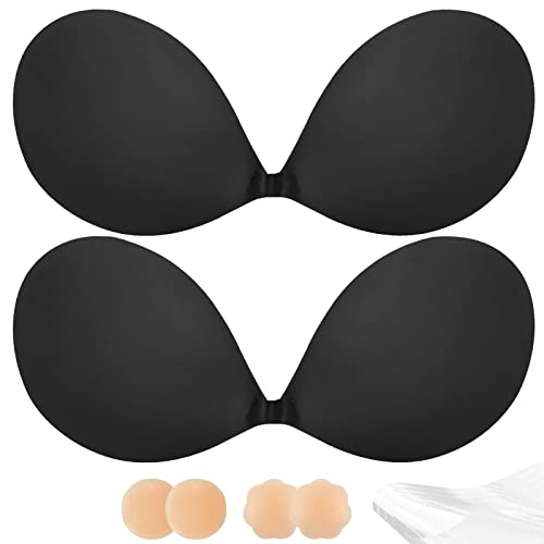 Adhesive Bra Push Up for Women 2 Pair, Sticky Invisible Lifting Bra, Backless Strapless Bras for Wedding Dress with Nipple Covers Reusable (Black+Black/D)