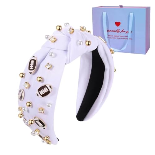 Football Headband Pearl Rhinestone Jeweled Knotted Headband White Pink Black Blue Football Embellished Wide Top headbands Game Day Sports Hair Accessories Gift for Football Mom Fans (White headband)