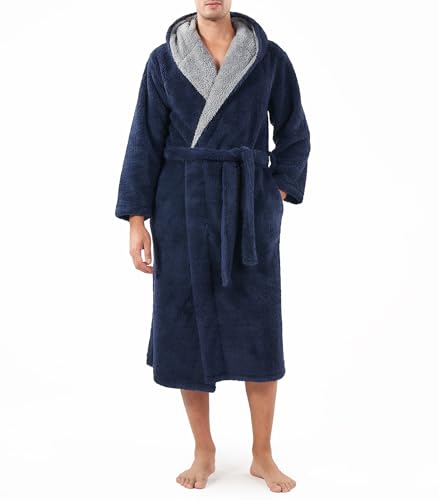 DAVID ARCHY Men's Soft Plush Fleece Robe Full Length Hooded Long Bathrobe for Men with Hood (L, Navy Blue- Shu Velveteen)