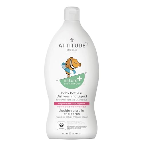 ATTITUDE Baby Bottle and Dishwashing Liquid, EWG Verified, No Added Dyes or Fragrances, Tough on Milk Residue and Grease, Vegan and Cruelty-free, Unscented, 23.7 Fl Oz (Packaging May Vary)