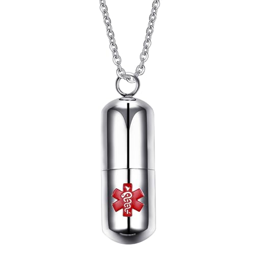 Flongo Fashion Pill Case Capsule Pendant Necklace Stainless Steel Mens Womens, 20 inch Chain, Cross Medicine Keepsake Pendant Necklace (Medical Alert Pill)