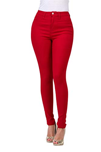LOVER BRAND FASHION High Waisted-Rise Ladies Colored Denim Stretch Skinny Destroyed Ripped Distressed Jeans for Women, Red, Medium