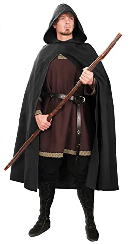 JPXH Black Renaissance Hooded Cape Witch Cloak with Hood Medieval Hobbit Halloween Costume