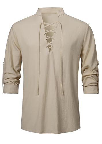 AIFARLD Men's Long Sleeve Shirts Retro Style Lace up for Medieval Viking Hippie Halloween Cosplay Pirate Renaissance Costume Khaki