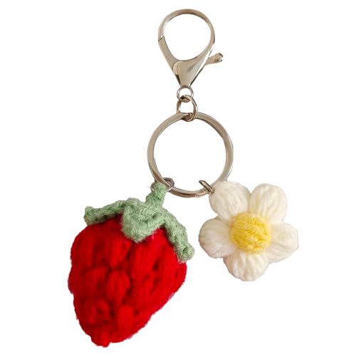 Ensiolau Keychain Handmade Weaving Cute Strawberry Flower Keychains Gift for Car keys Bag Wallet Purse Women Girls (Red)