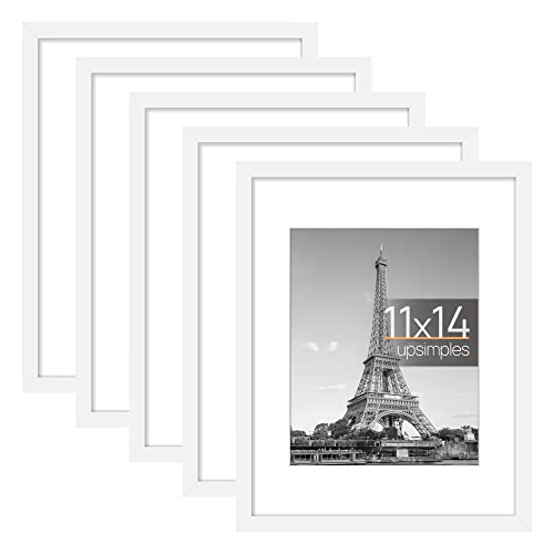 upsimples Picture Frame Set of 5, Display Pictures 8x10 with Mat or 11x14 Without Mat, Wall Gallery Photo Frames, White