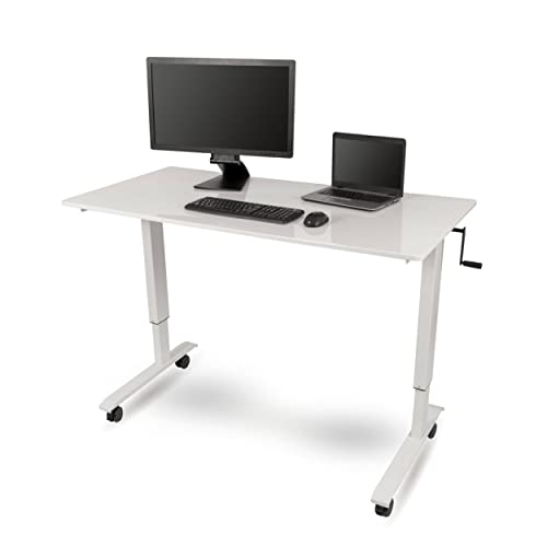Stand Up Desk Store Crank Adjustable Height Rolling Standing Desk (White Frame/Gloss White Top, 60' Wide)