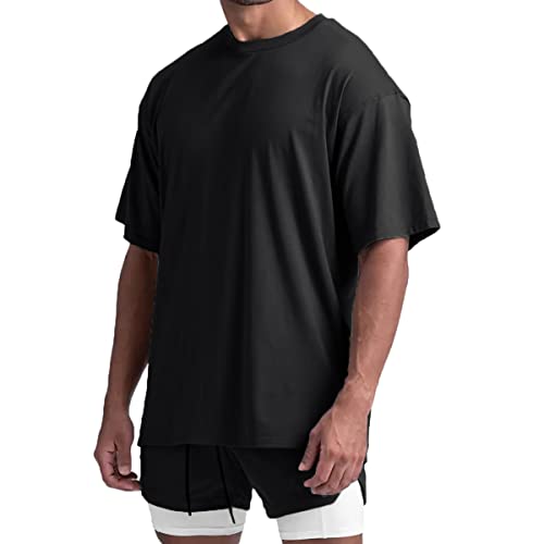 Magiftbox Cotton Gym Shirts Oversized Athletic Loose Workout t Shirts Short Sleeve for Men T68N_Black_US-XL