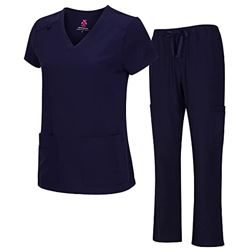 Natural Uniforms Women's Cool Stretch V-Neck Top and Cargo Pant Set (True Navy Blue, Medium)