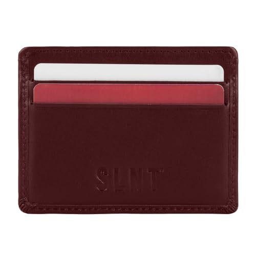 SLNT Napa Top Grain Leather RFID & NFC Signal Blocking Simple Card Wallet - Contains 4 Credit Card Slots and 1 Center Pocket - Clean, Sleek, Stylish Design - Slim and Lightweight Profile (Maroon)