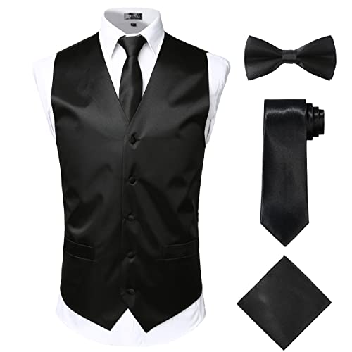 ZEROYAA Men's Solid 4pc Shiny Satin Vest Necktie Bowtie Pocket Square Set for Suit or Tuxedo ZLSV12 Black Large