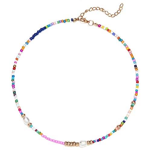 Beaded Necklace, Colorful Bead Layered Necklaces for Women Trendy Flower Choker Y2K Aesthetic Handmade Boho Beach Statement Necklace Jewelry Gifts for Women (pearl)