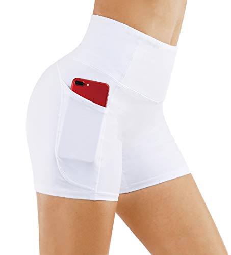THE GYM PEOPLE High Waist Yoga Shorts for Women Tummy Control Fitness Athletic Workout Running Shorts with Deep Pockets (Medium, White)