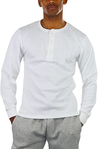 ToBeInStyle Men's Heavy or Medium Weight Premium Waffle Thermal Long Sleeve Crewneck Shirt - White Henley - S