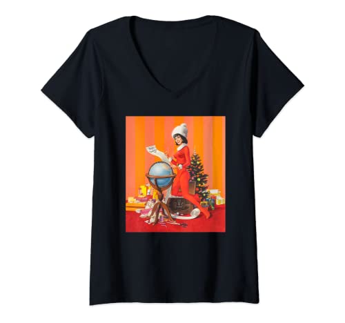 Womens Retro Christmas Pin Up Vintage Pinup Girl V-Neck T-Shirt