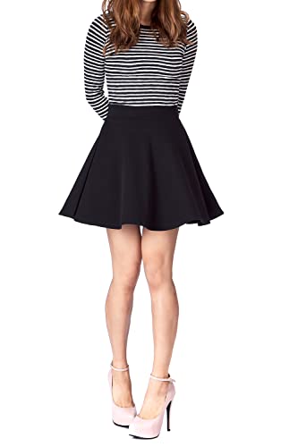 Basic Solid Stretchy Cotton High Waist A-line Flared Casual Skater Mini Skirt (XL, Black)