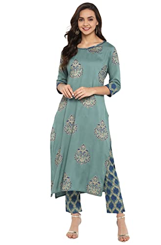 Janasya Indian Women's Tunic Tops Rayon Kurti Set for Women(SET094-KR-NP-L) Turquoise