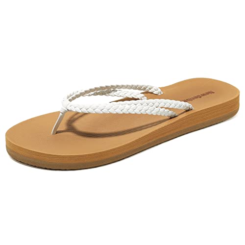 NewDenBer Women's Comfortable Flip Flops Lightweight Arch Support Summer Braid Leather Thong Sandals (7 B(M) US, White)