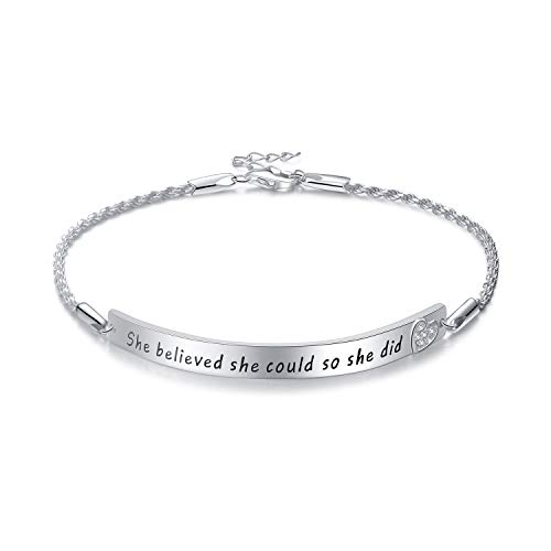 “She Believed She Could So She Did” Sterling Silver Engraved Inspirational Adjustable Bracelet Graduation Gift for Her, Women (White Gold Plated) (She Believed She Could So She Did)