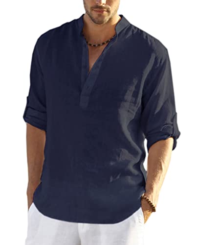 COOFANDY Men's Cotton Linen Henley Shirt Long Sleeve Hippie Casual Beach T Shirts Navy Blue