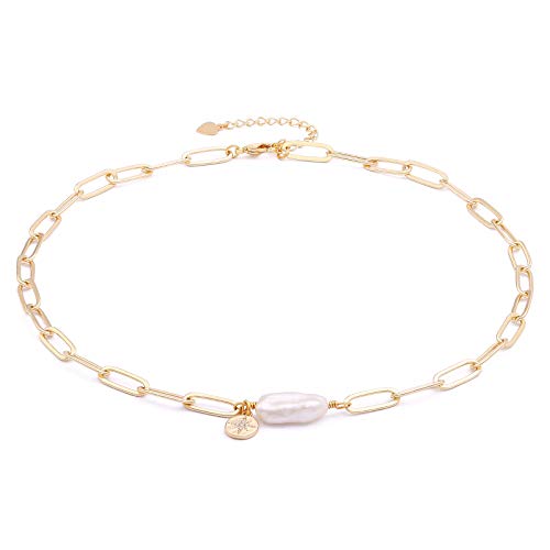 Chunky 18k Gold Chain Choker Necklace Freshwater Biwa Pearl Pendant CZ Starburst Charm Statement Jewelry for Women 16’’