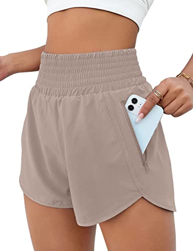 BMJL Women's Running Shorts Elastic High Waisted Shorts Pocket Sporty Workout Shorts Quick Dry Athletic Shorts Pants(XL,Khaki)
