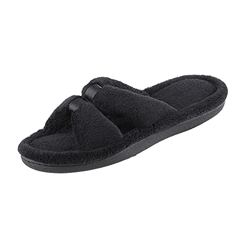 isotoner womens Microterry Satin X-slide slippers, Black, 7.5-8 US