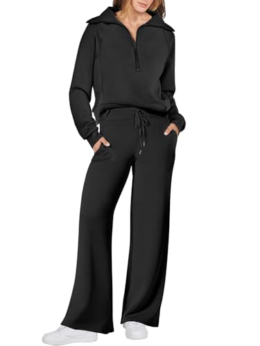 ANRABESS Women 2 Piece Outfits Sweatsuit Oversized Sweatshirt Sweatpants Tracksuit Sweat Lounge Matching Set 2024 Fall Trendy Black Medium