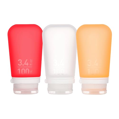 humangear GoToob+ 3-Pack (Large) | Refillable Silicone Travel Bottle | Locking Lid | Food-Safe Material, Clear/Red/Orange, Large (3.4 fl.oz.; 100ml)