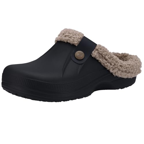 Beslip Classic Fur Lined Waterproof Winter Fuzzy Slippers, Black and Khaki, Women's Sizes 8.5-9