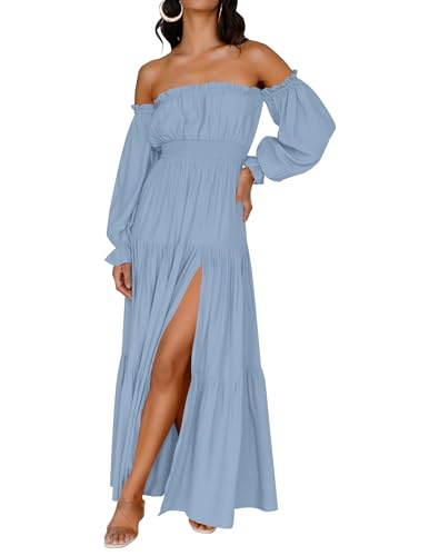 ZESICA Women's 2023 Boho Sexy Off Shoulder Long Sleeve Smocked High Waist Side Split Flowy A Line Tiered Long Maxi Dress,LightBlue,Large