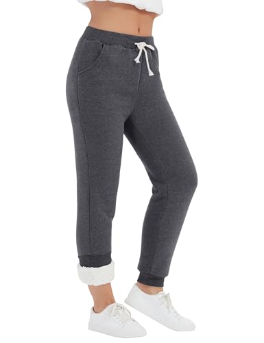 Flygo Womens Casual Running Hiking Pants Fleece Lined Activewear Sweatpants (Large, Dark Grey)