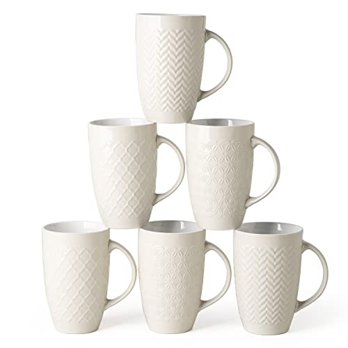 AmorArc Extra Large Coffee Mugs Set of 6, 22oz Ceramic Tall Coffee Mugs Set with Textured Geometric Patterns for Coffee/Tea/Beer/Hot Cocoa, Dishwasher & Microwave Safe,Beige