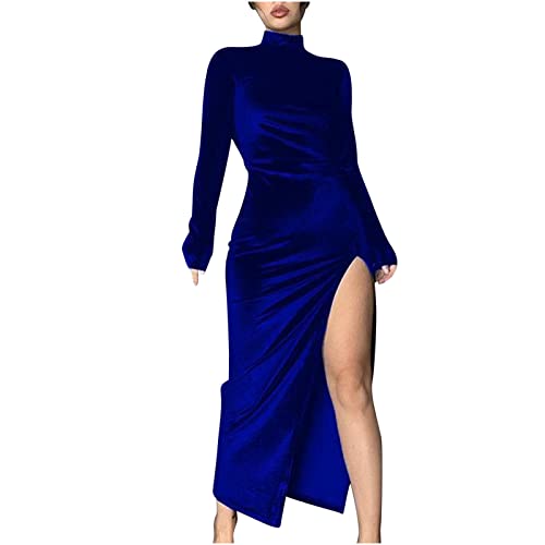 bmkBWO Women‘s Long Sleeve Velvet Dresses High Neck High Slit Maxi Dress Elegant Bodycon Wedding Guest Dresses Blue