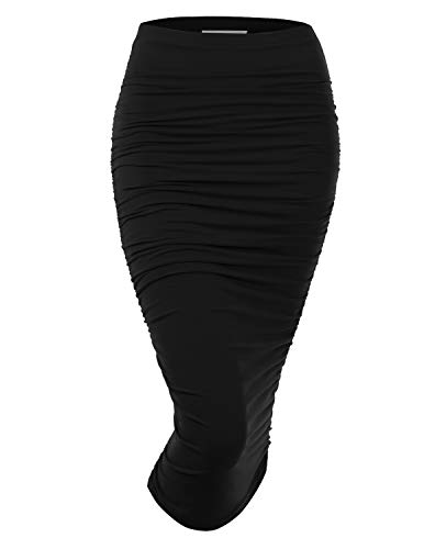 DOUBLJU Slim Fit Ruched Pencil Skirts for Women High Waisted Elastic Band Bodycon Shirring Skirt with Plus Size, Maxi Length, Black, M