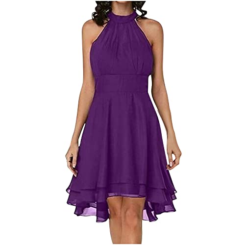 Black Cocktail Dress Vintage 2023 2024 Formal Dresses for Women Wrinkled Sleeveless Cold Shoulder Suspenders Dress Gown Solid Color Flowy Hem Party Dress Purple X-Large