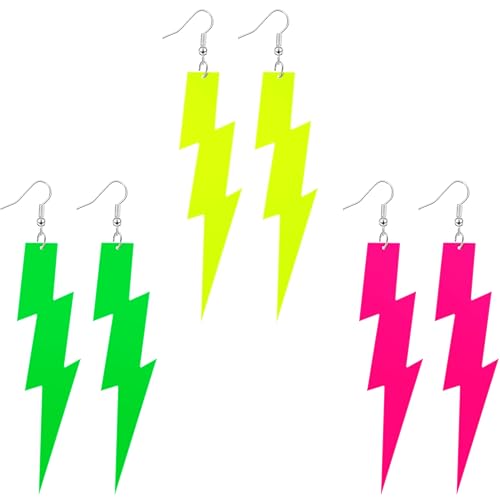 Hicarer 3 Pairs 80s Neon Earrings for Women Retro Pendant Acrylic Drop Dangle for 80's Outfit Glow Party Accessories(Rose Red, Green, Yellow, Bright Lightning Style)